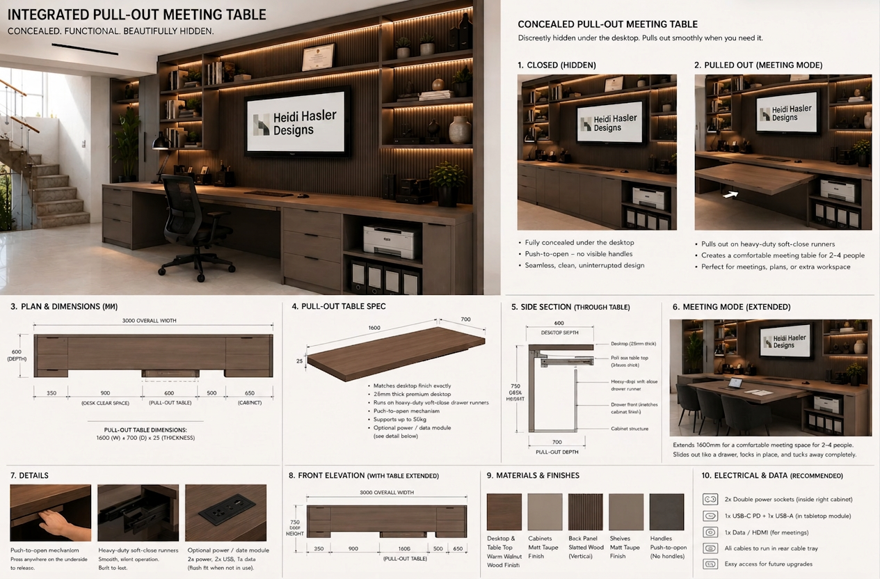 Integrated pull-out meeting table — design plan and finishes specification sheet for carpenters and electricians